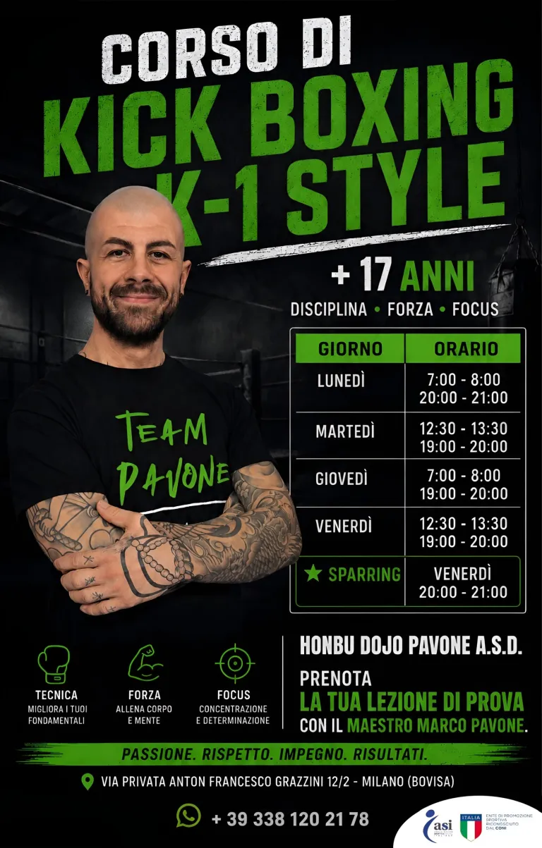 Locandina del corso di Kick Boxing K-1 Style dai 17 anni