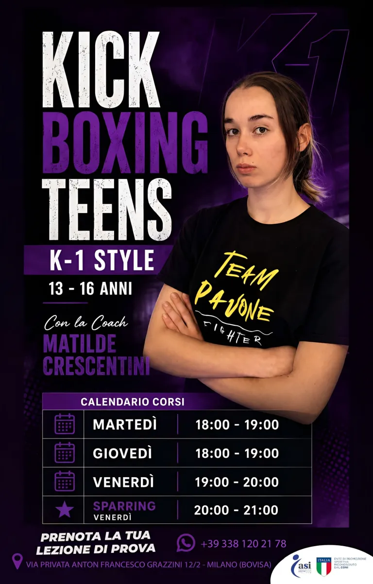 Locandina del corso Kick Boxing Teens K-1 Style 13-16 anni con la coach Matilde Crescentini
