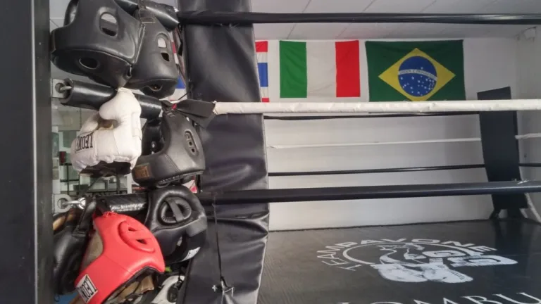 Un angolo del ring dell'Honbu Dojo, con i caschi appesi e le bandiere di Thailandia, Italia e Brasile