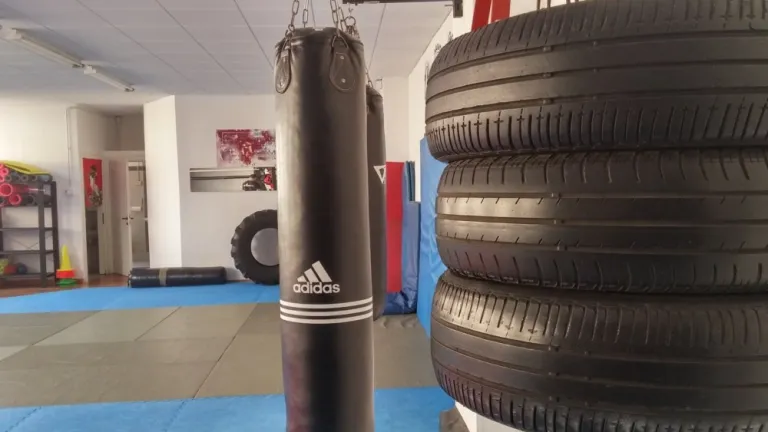 Un sacco da boxe e un sacco di pneumatici, con la sala del dojo sullo sfondo