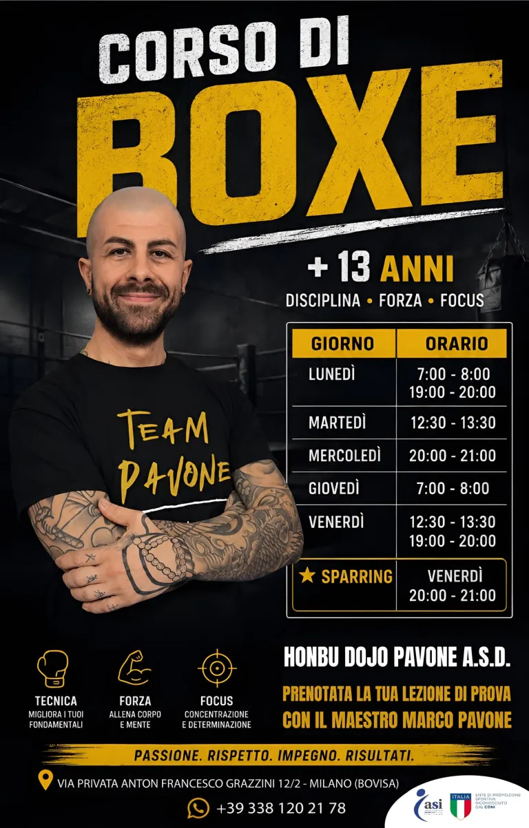 Locandina del corso di Boxe dai 13 anni con il maestro Marco Pavone