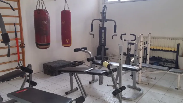 La saletta pesi, con le panche, una stazione multifunzione e due sacchi rossi