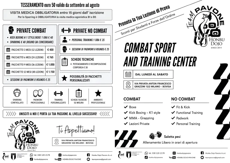 Listino delle lezioni private combat e no combat