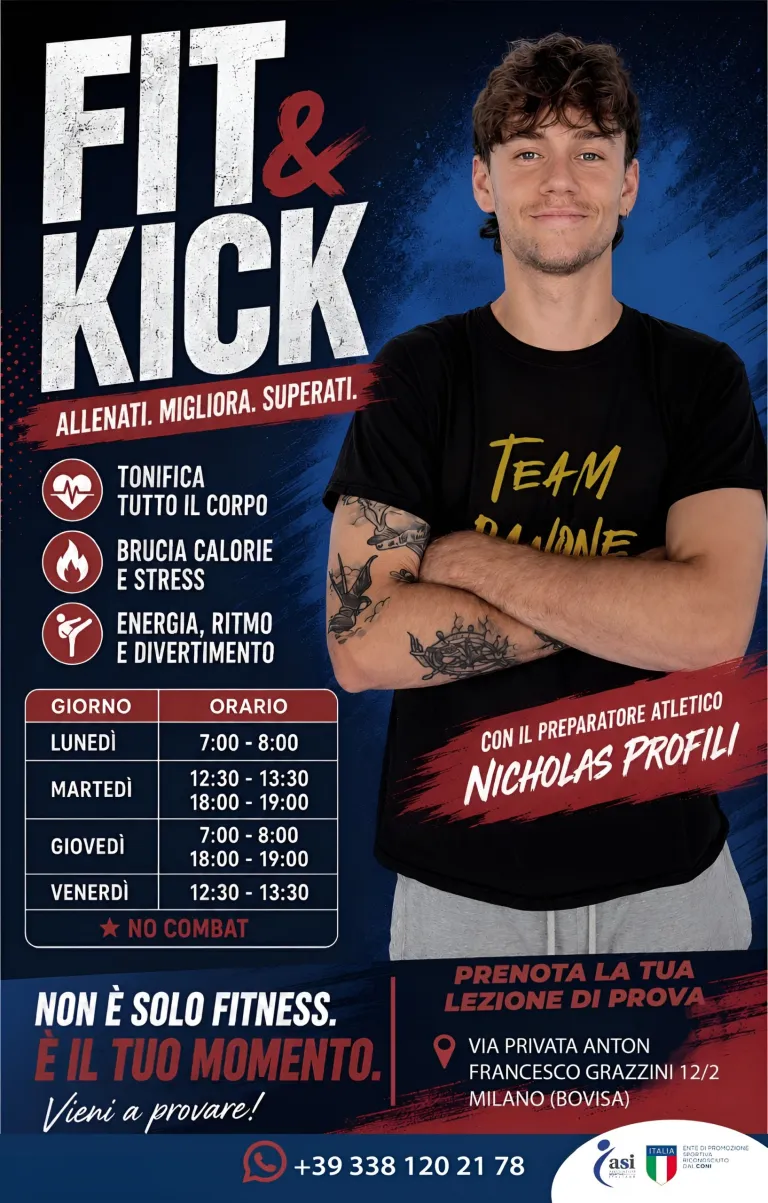 Locandina del corso Fit & Kick con il preparatore atletico Nicholas Profili